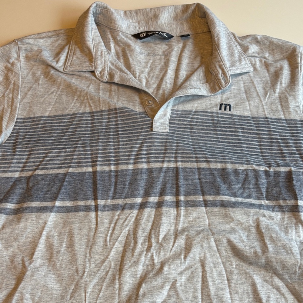 Travis Mathew Light Gray Polo with Dark Gray-Blue Stripes